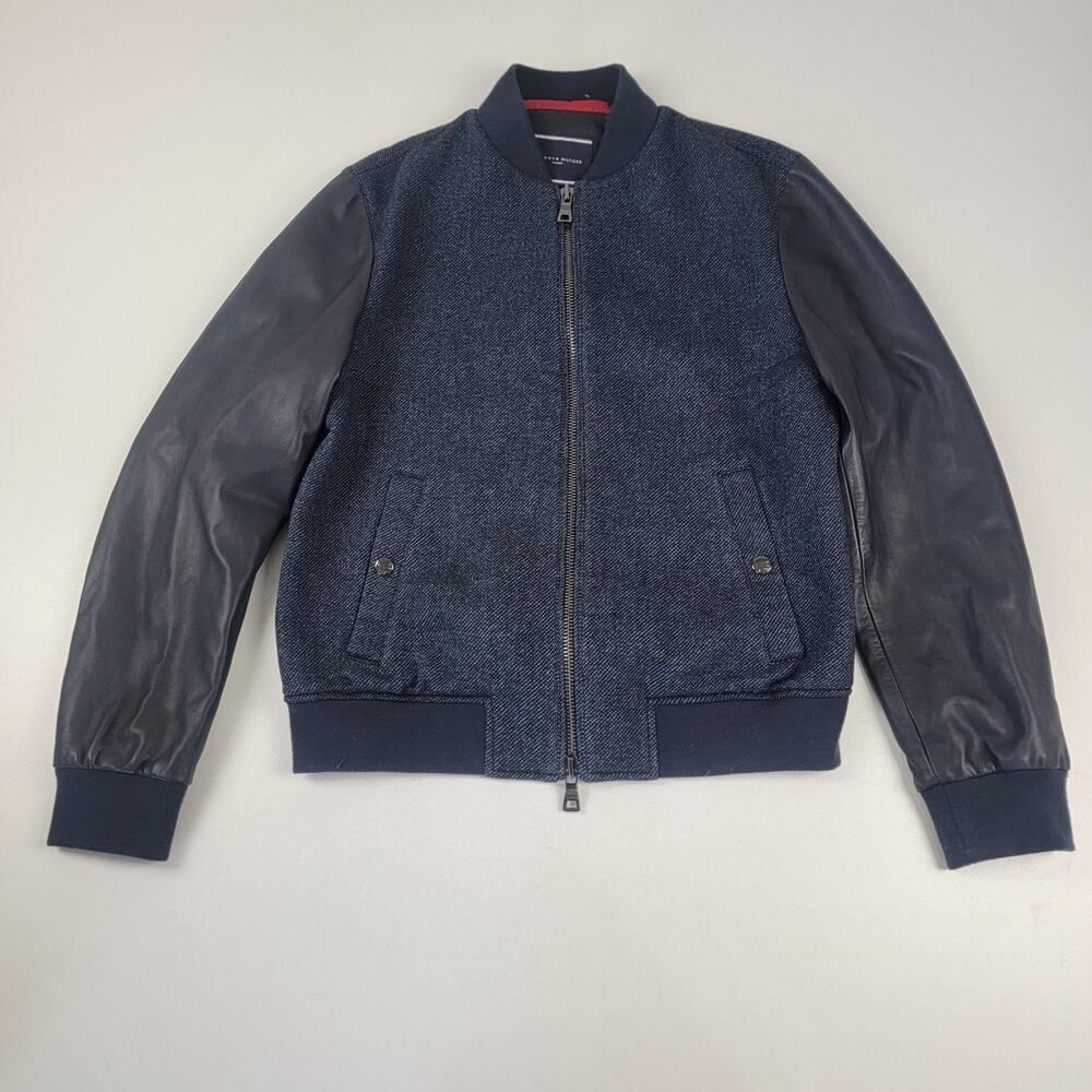 Tommy Hilfiger Bomber Full Zip Jacket Size 50 Medium‎ Navy Leather Trim